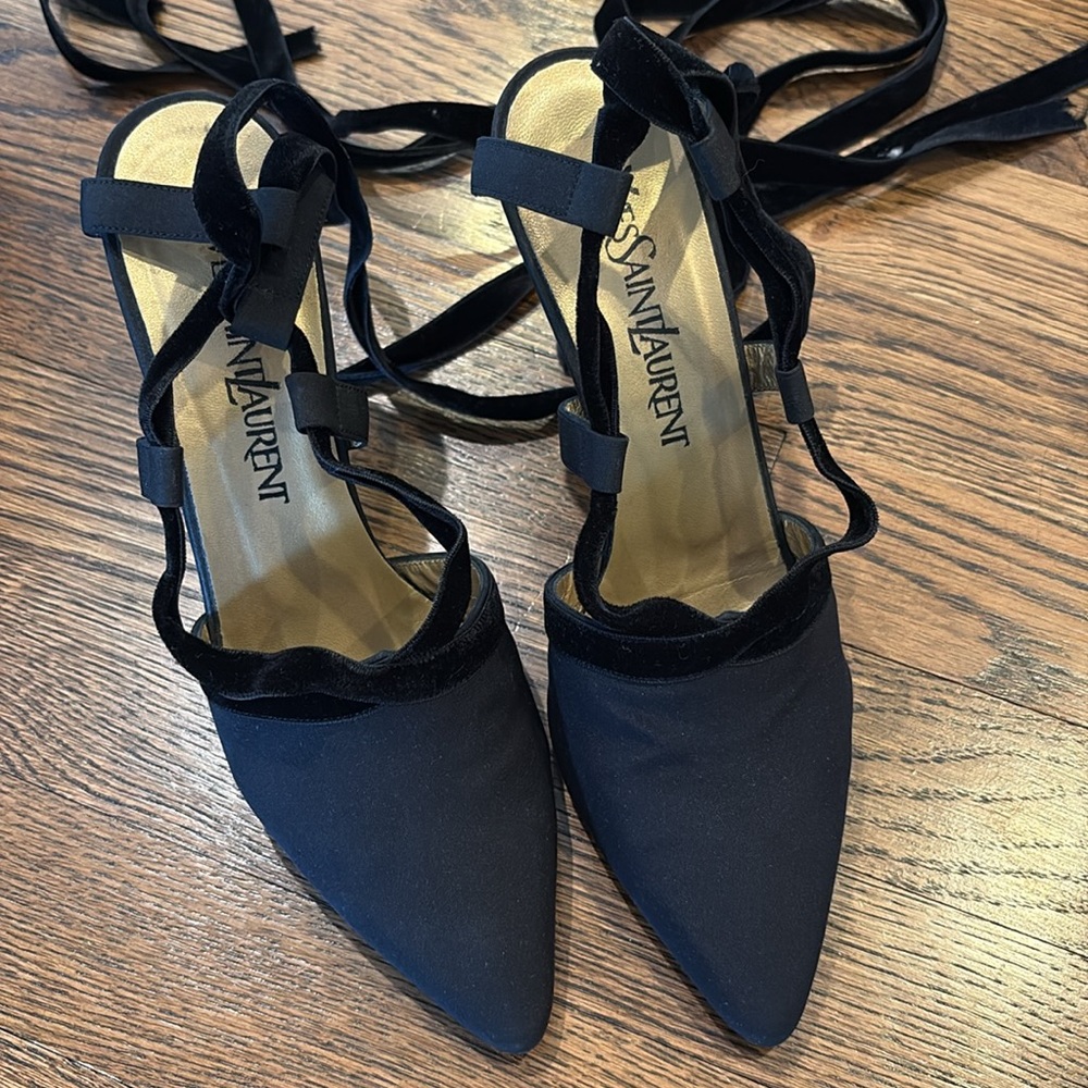 Saint Laurent Vintage crepe & velvet lace up Black slingback heels,7, timeless - Picture 4 of 6